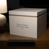 A white rectangular presentation box labeled "Collector's Edition" and "20 Gem Accent Lights V2" sits on a wooden surface, with a small black rectangular item placed in front. A lamp is visible at left and holiday greenery appears at the sides, indicating a styled real environment rather than a pure studio shot.