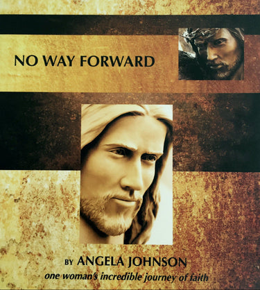 Book cover titled 'No Way Forward' by Angela Johnson with images of a Jesus Christ.